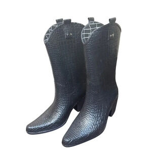 Western Cowboys Style Black Faux Reptile Rubber Rain Boots Mid Calf Women's 10